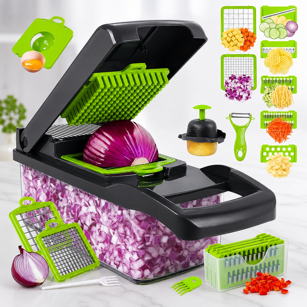 1Pc Green Black 12 in 1 Multifunctional Vegetable Slicer Cutter Shredders